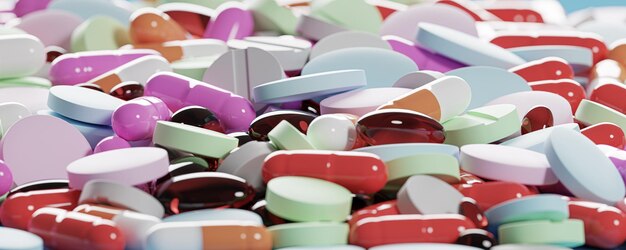 Molte pillole colorate medicine Pillole integratori Sfondo Varie pillole e capsule come concetto quotidiano di vitamine e integratori Pillole di medicina vista dall'alto ampia macro banner
