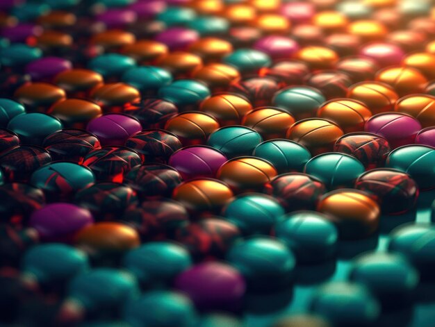 Molte pillole colorate su uno sfondo scuro Composizione geometrica creata con la tecnologia Generative AI