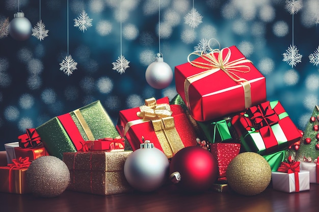 Molte scatole regalo per la celebrazione spettacolare di Buon Natale e Capodanno 2023 con decorazioni decorative sul regalo da presentare a parenti e amici il giorno di Natale Illustrazione 3D