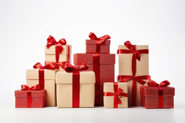 Molte scatole regalo rosse su sfondo bianco che simboleggiano la celebrazione