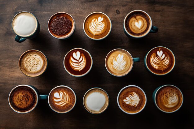Molte tazze di caffè con varietà di caffè