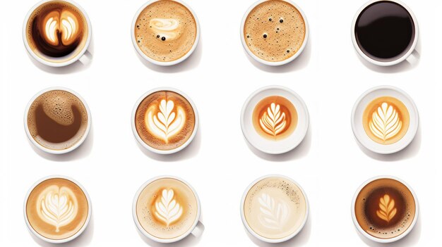 Molte tazze di gustoso caffè aromatico su uno sfondo bianco generato dalla rete neurale ai