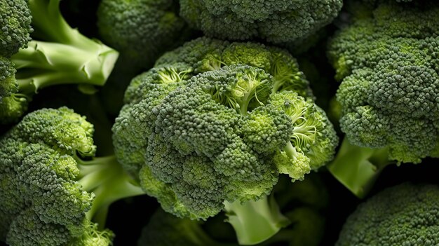 molte teste verdi fresche di broccoli su uno sfondo scuro close-up vista dall'alto Generative AI