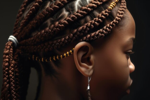 Molte trecce sottili sulla testa di una ragazza in stile africano trecce generate dall'intelligenza artificiale