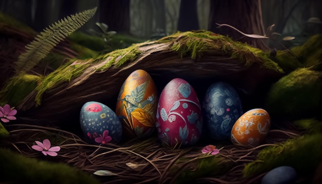 Molte uova di Pasqua nella foresta realistiche