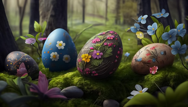 Molte uova di Pasqua nella foresta realistiche