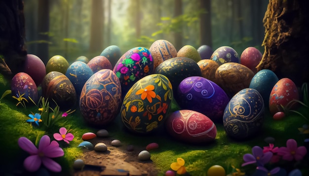 Molte uova di Pasqua nella foresta realistiche