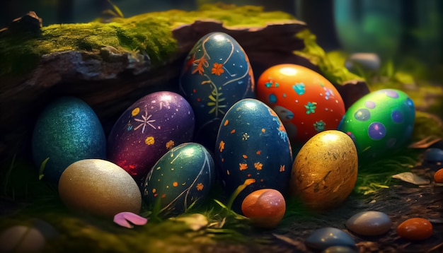 Molte uova di Pasqua nella foresta realistiche