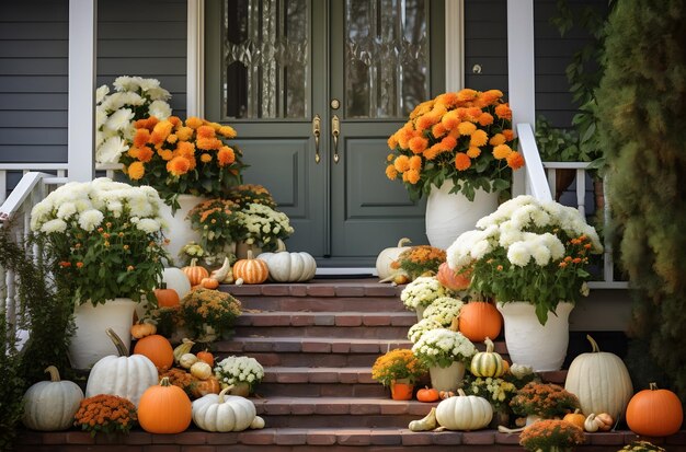 molte zucche ai piedi di una casa di villaggio abitazione cottagecore il concetto di ringraziamento autunnale