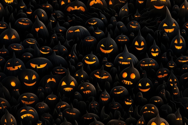 molte zucche di Halloween al buio con gli occhi luminosi