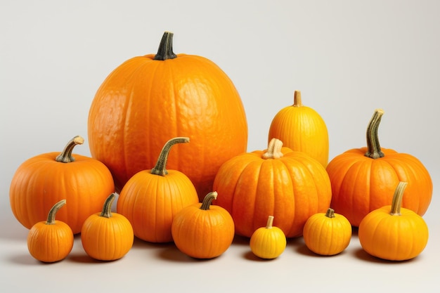 Molte zucche diverse su sfondo bianco Scegli la zucca migliore per la decorazione delle vacanze di Halloween