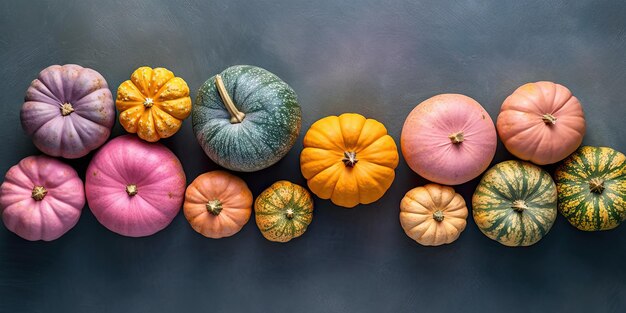 Molte zucche diverse su uno sfondo pastello per il giorno di festa di Halloween