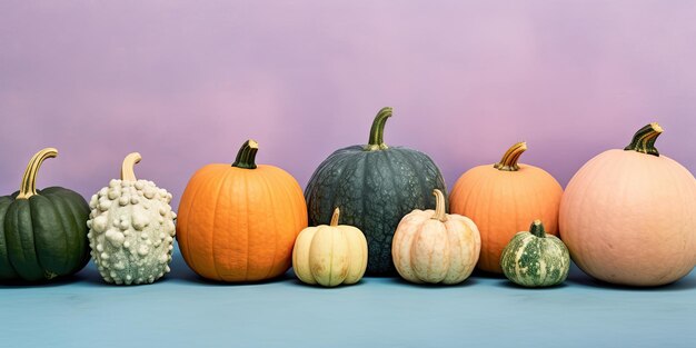 Molte zucche diverse su uno sfondo pastello per il giorno di festa di Halloween