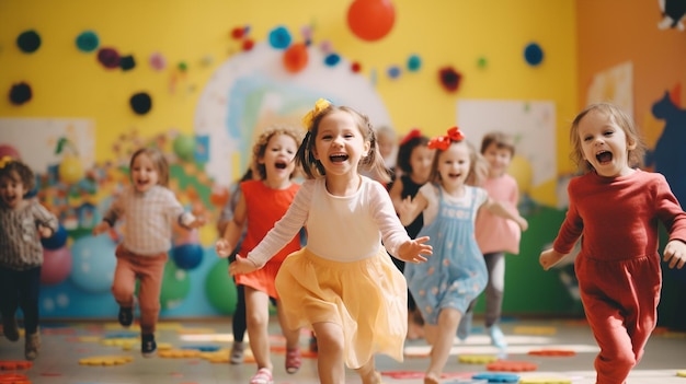 Molti bambini che corrono in una stanza con palloncini