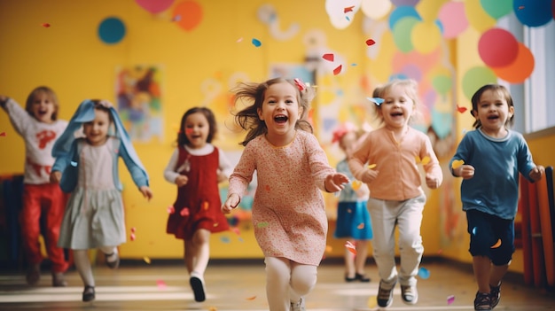 Molti bambini che corrono in una stanza con palloncini