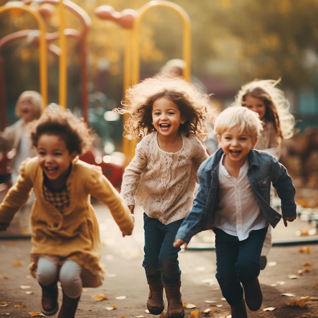 Molti bambini che corrono insieme in un parco