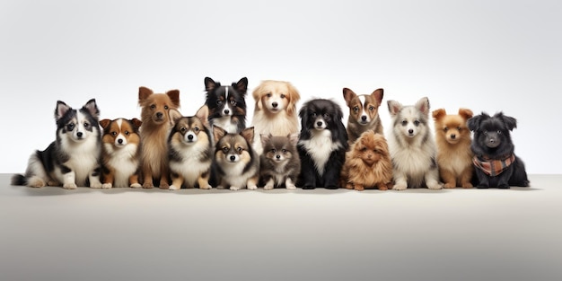 molti cani carini di razze diverse su uno sfondo bianco foto di alta qualità AI generativa