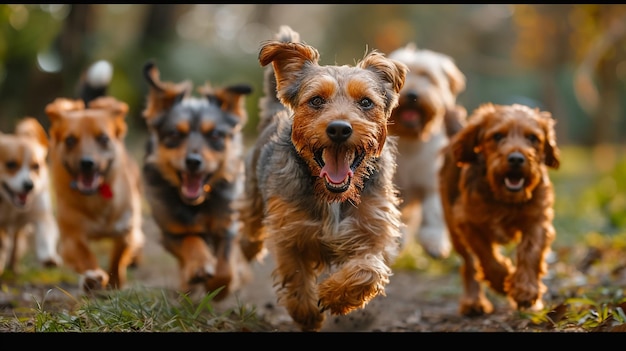 Molti cani corrono e giocano con una palla in un prato un grazioso branco di Jack Russell Terrier