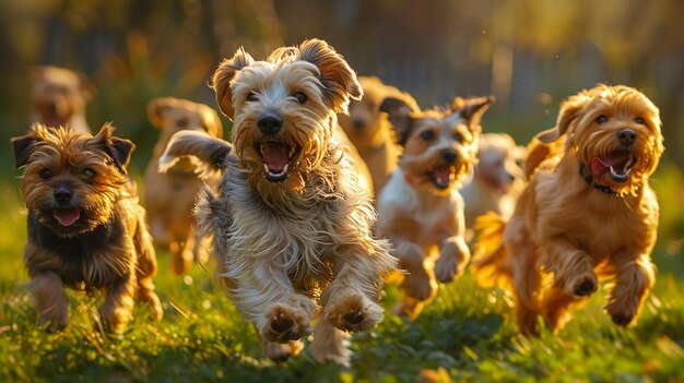 Molti cani corrono e giocano con una palla in un prato un grazioso branco di Jack Russell Terrier