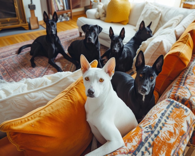 Molti cani seduti su un divano AI generativa