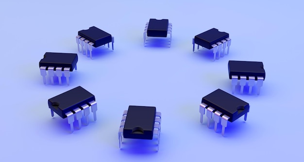 Molti chip di circuiti integrati o IC su sfondo bianco Illustrazione 3D