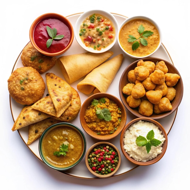 Molti cibi indiani Desi vista dall'alto isolati su sfondo bianco curry samosa rotoli pani puri ecc.