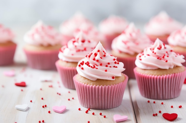 Molti cupcake con glassa rosa e granelli a forma di cuore su tavolo di legno bianco Cartolina d'auguri per San Valentino