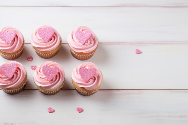Molti cupcake con glassa rosa e granelli a forma di cuore su tavolo di legno bianco Cartolina d'auguri per San Valentino