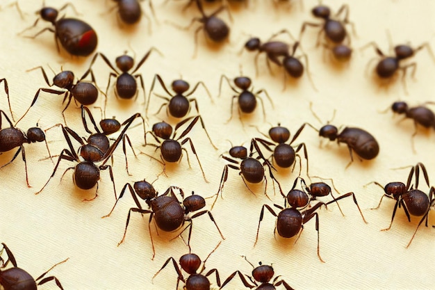 Molti insetti blackbrown sotto forma di formiche si agitano su sfondo giallo