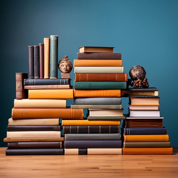 Molti libri su un tavolo di legno e uno sfondo di un solo colore