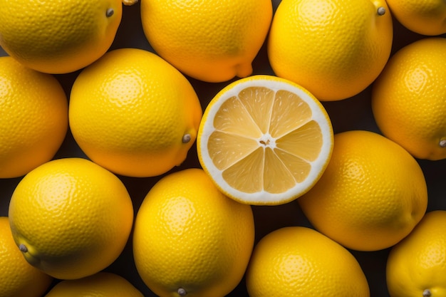 Molti limoni gialli raccolgono la trama del fondo del primo piano