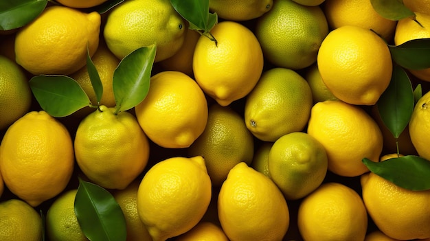 Molti limoni gialli raccolgono la trama del fondo del primo piano