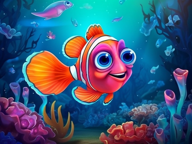 Molti pesci esotici personaggio dei cartoni animati nella scena sottomarina con i coralli