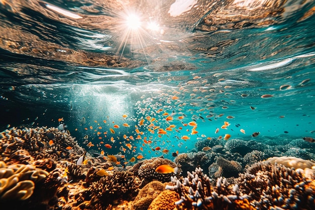 Molti piccoli pesci nel mare sotto la colonia di pesci d'acqua