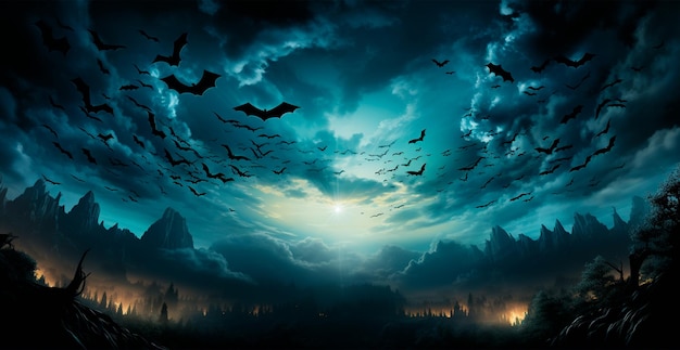 Molti pipistrelli che volano nella notte oscura della notte festosa dei morti Immagine generata dall'intelligenza artificiale di Halloween