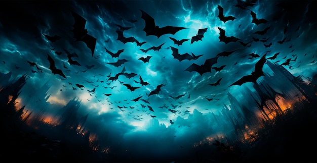 Molti pipistrelli che volano nella notte oscura della notte festosa dei morti Immagine generata dall'intelligenza artificiale di Halloween