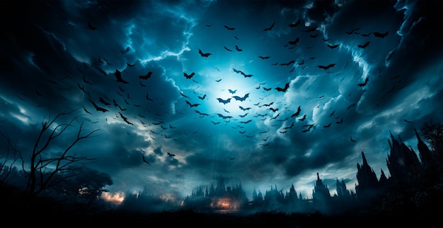 Molti pipistrelli che volano nella notte oscura della notte festosa dei morti Immagine generata dall'intelligenza artificiale di Halloween