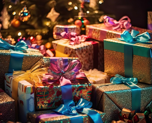 Molti regali colorati si trovano vicino all'albero di Natale IA generativa