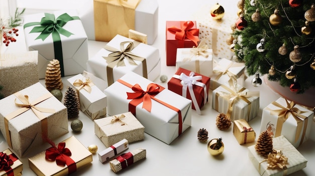 Molti regali di Natale e un albero di Natale