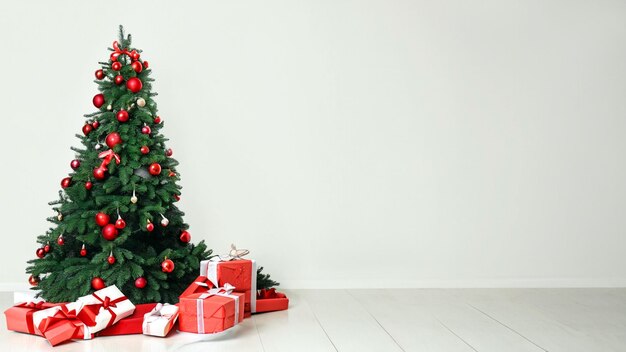 molti regali sotto un albero di Natale festivamente decorato in un interno luminoso