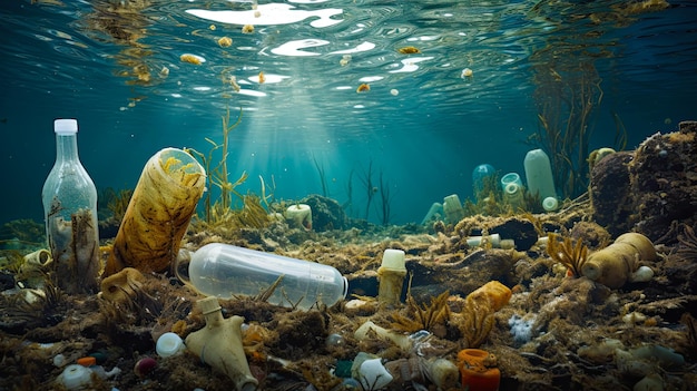 Molti rifiuti di plastica galleggianti sull'acqua Concetto di inquinamento dell'ambiente e dell'oceano