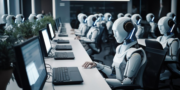 Molti robot identici con intelligenza artificiale siedono al tavolo in ufficio e lavorano con i computer