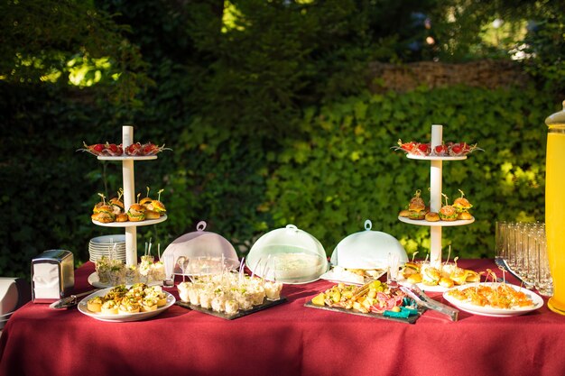 Molti snack a buffet sul tavolo del catering