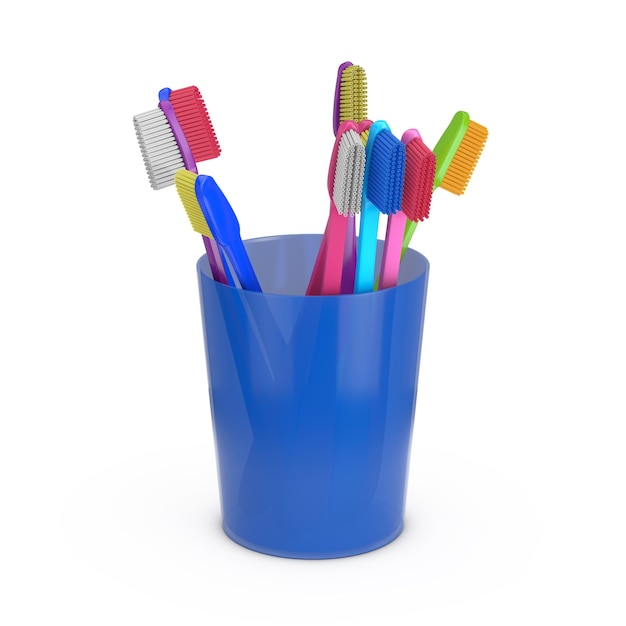 Molti spazzolini in plastica multicolore in vetro di plastica blu su sfondo bianco Rendering 3d