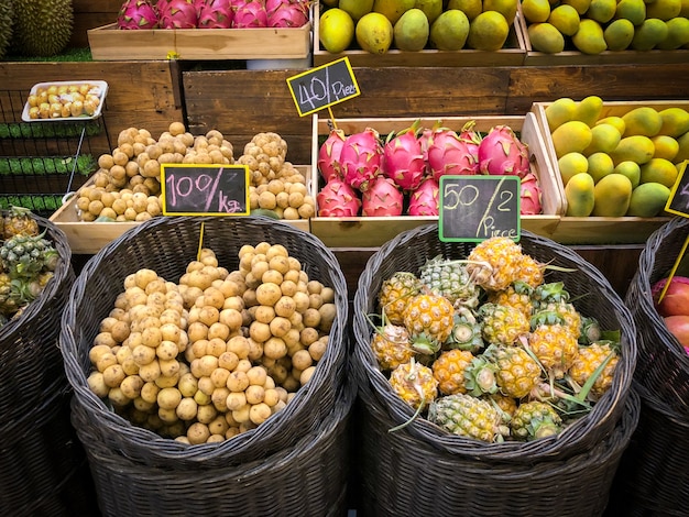 Molti tipi di frutti tailandesi con il prezzo sul mercato