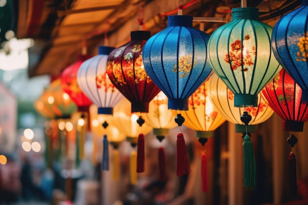 Molti tipi di lanterne appese al mercato di strada Lanterne colorate della tradizione in stile cinese Illustrazione AI generativa
