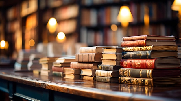 Molti tipi di vecchi libri e sfocato in una libreria o biblioteca sfocato sfondo effetto