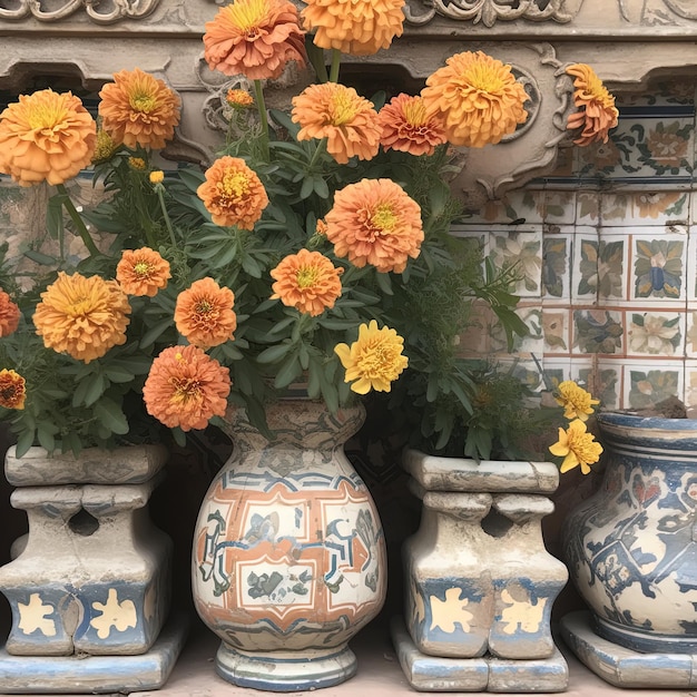 molti vasi con fiori in loro su uno scaffale