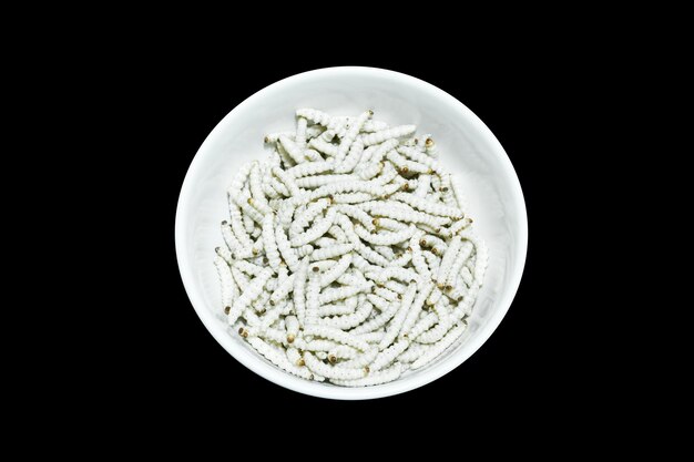 Molti vermi di bambù bianchi su piatto bianco isolato su sfondo scuroBamboo Caterpillar è cibo in Thailandia