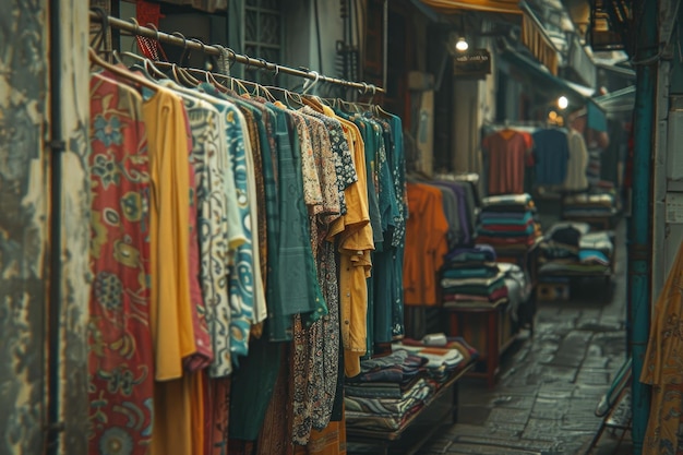 Molti vestiti nel mercato di strada di Baa su un supporto per i vestiti Ai generativo